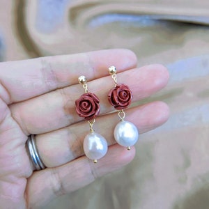 Rose pearl earrings, Baroque pearl and red rose earrings, Freshwater pearl dangle earrings, Rose earrings, Red rose earrings