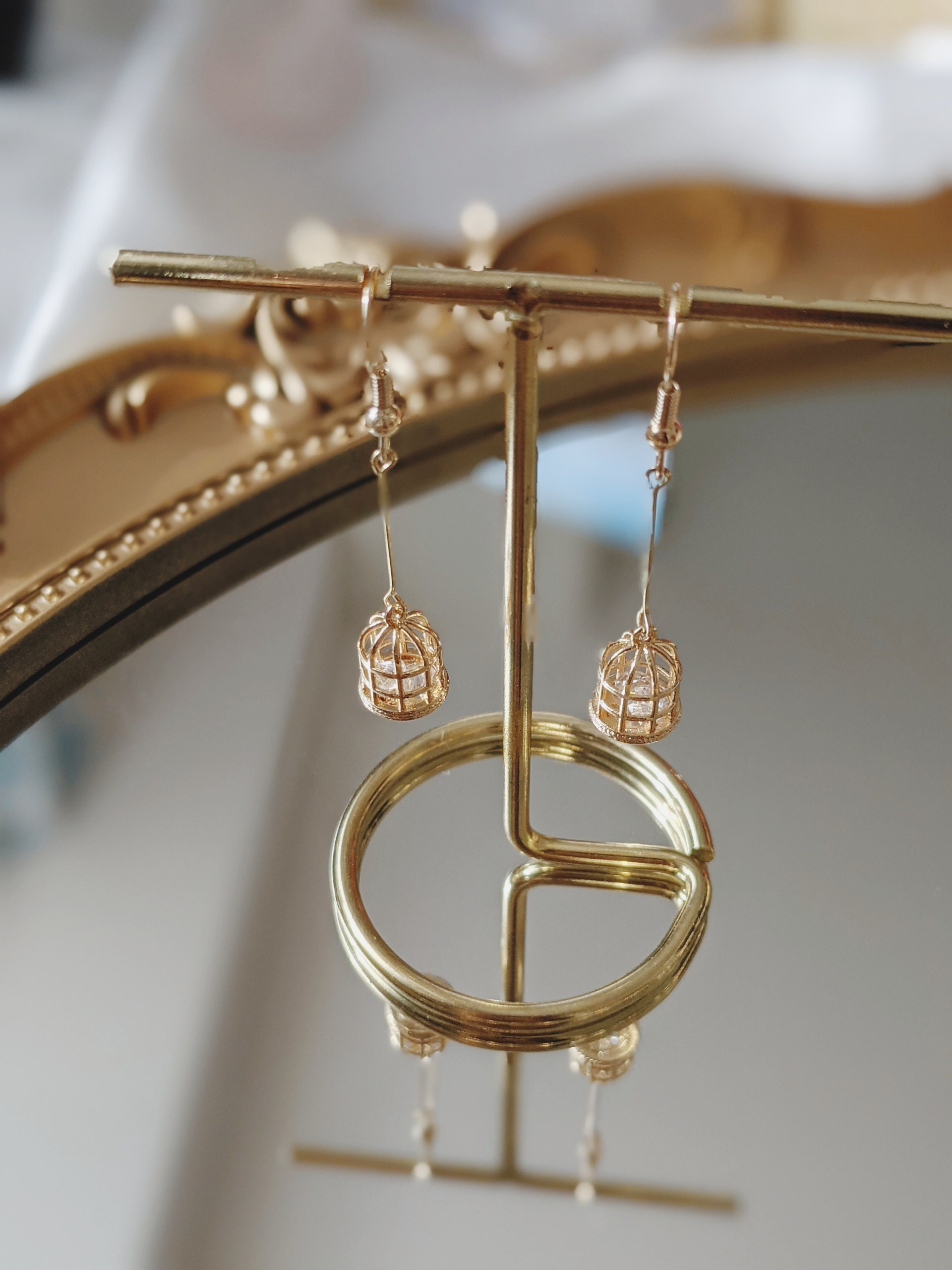 Golden Bird Cage Earrings/bird Lover Gift/bird Cage Dangle Etsy