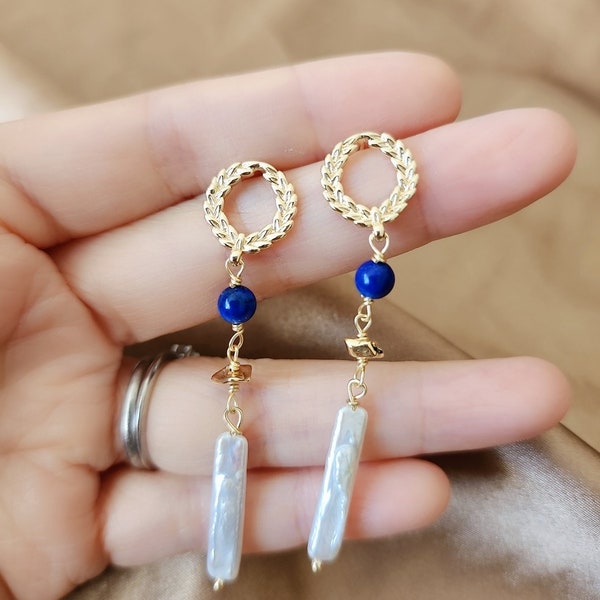 Lapis lazuli and freshwater Baroque stick pearl earrings, blue gemstone dangle earrings, Lapis earrings, Freshwater long dangle earrings