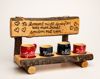 Rustic schnapps bench with engraving including four schnapps cups with names