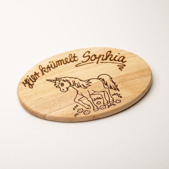 Frühstücksbrettchen, Holzbrettchen, Stullenbrett, Vesperbrett mit Name Einhorn