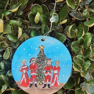 White Christmas Movie theme Wood Holiday Ornament (with hanger and beadwork). Wood burned and hand painted Christmas tree scene
