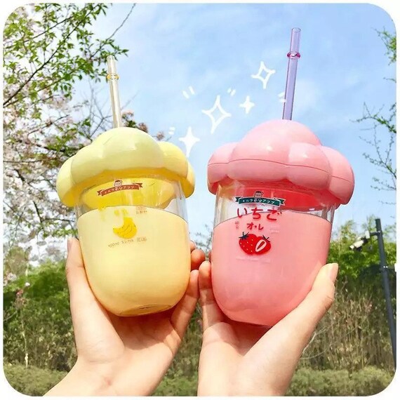 350ml Plastic Water Bottle Cartoon Fruit Snacks Pattern Straw Etsy