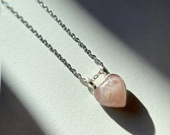 Rose quartz heart silver pendant | valentines gift | stone of love | minimalist jewelry | chain necklace | ready to ship