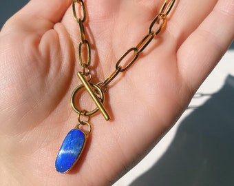 Australian opal gold necklace | beautiful golden opal choker | blue gemstone pendant for her | chunky chain fashion necklace