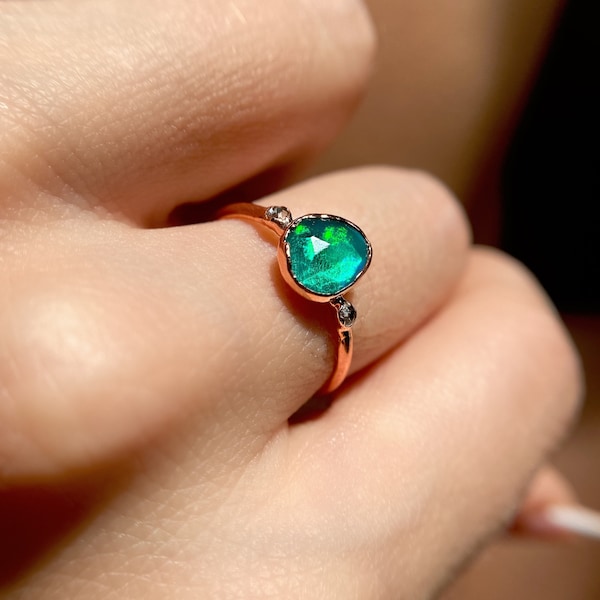 Handmade green opal ring for her | October birthstone personalised gift | alternative engagement ring | minimalist gemstone jewelry women