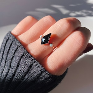 Handmade Black Onyx Kite Ring: Electroformed Copper with Opal Accents