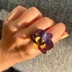 Real Mini Orchid Ring – Hand-Dyed & Painted Purple Flower on Gold Stainless Steel Adjustable Band – Botanical Jewelry Gift for Her