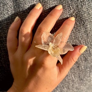 Clear Orchid Ring • Real Dendrobium Preserved in Resin • Adjustable Gold Statement Ring • Transparent Flower Jewelry • Handmade Nature Ring