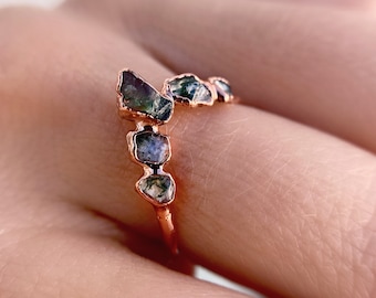 Handmade Moss Agate Copper Ring: Chevron Statement Band