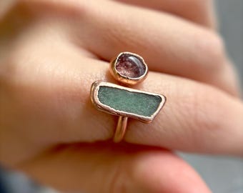 Aventurine & strawberry quartz handmade ring | open adjustable multi stone ring | handcrafted personalised gift | unique gemstone jewelry