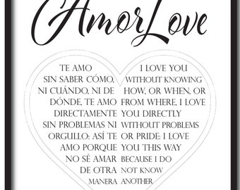 Amor Love Poem by Pablo Neruda in English and Spanish  inglés y español Digital download