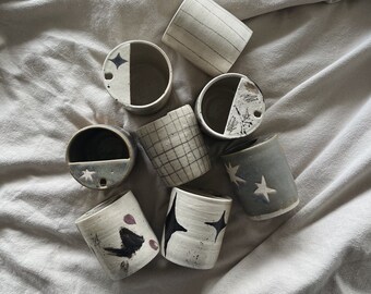 cute artsy handmade ceramic cup | sippy cups | lidless keep cup | minimal monochrome aesthetic pottery travel tumblr