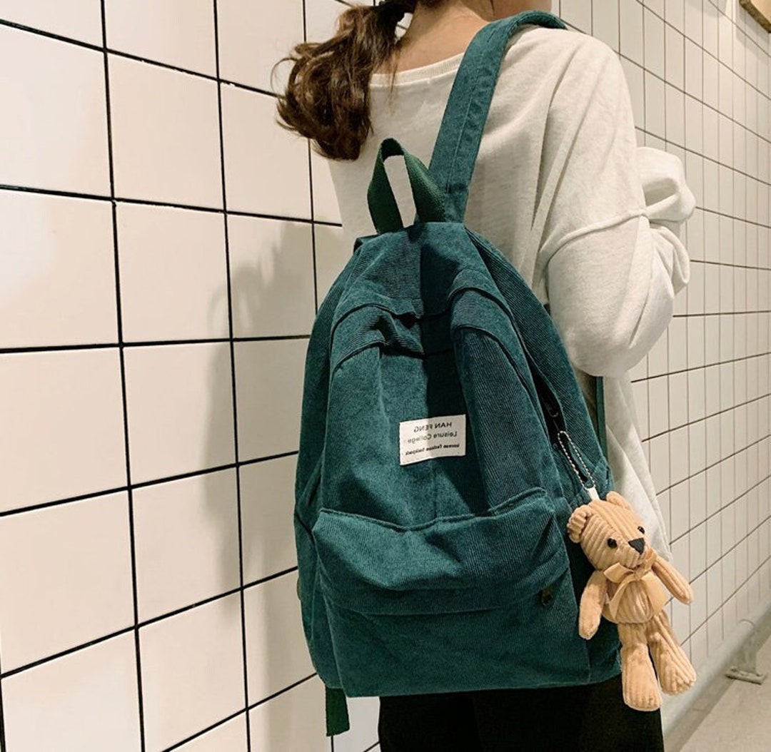 Green Corduroy Backpack Student School Backpack Women Laptop Etsy