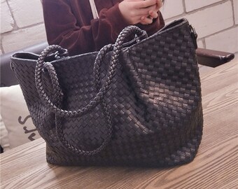 Black Woven Artificial Leather Diagonal Handbag/ Large capacity casual  shopping shoulder bag/ Surprise Gift for Her/