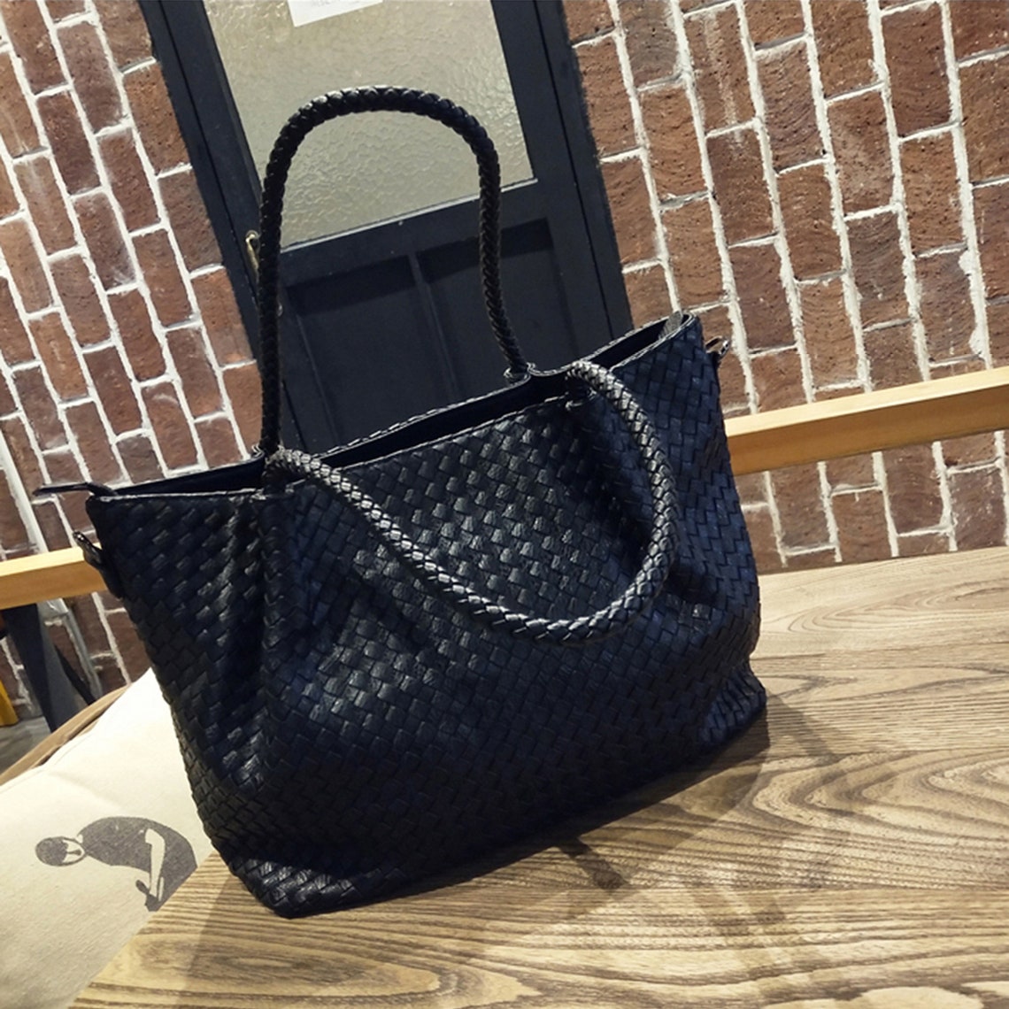 Black Woven Artificial Leather Diagonal Handbag/ Large - Etsy