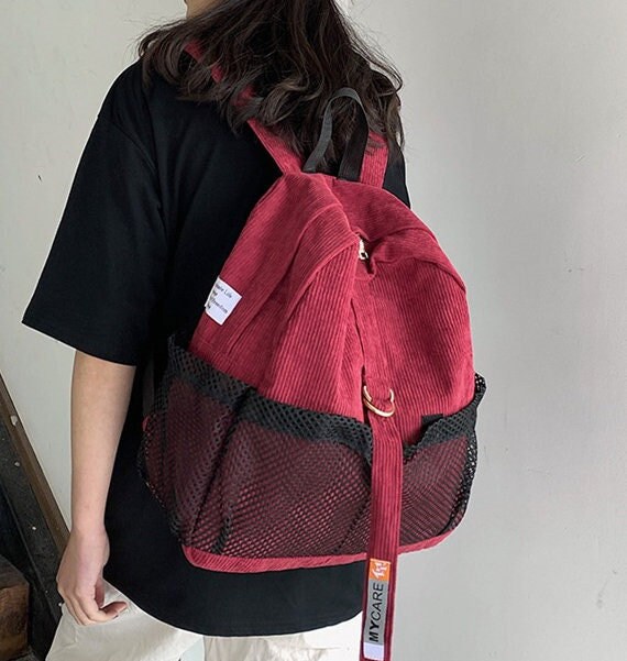 Red Corduroy Backpack Student School 
