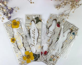 Personalisierte laminierte Lesezeichen mit getrockneten Blumen & goldenem Vinyl | Efeu, Butterblume, Rosen, Schleierkraut | Handmade