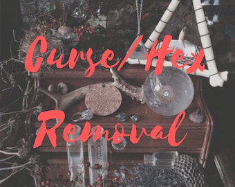 May include: A wooden shelf with various items, including a crystal ball, antlers, and a sign that reads "Curse/Hex Removal".