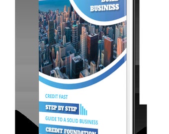 Puede incluir: Una portada de libro azul y blanca con el texto "BUILD BUSINESS" en letras blancas grandes. La portada también presenta una imagen de ciudad y el texto "CREDIT FAST STEP BY STEP GUIDE TO A SOLID BUSINESS CREDIT FOUNDATION".