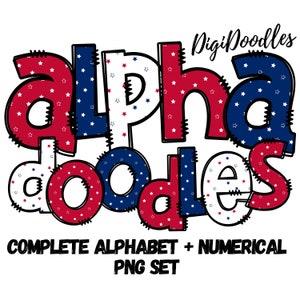 4th of July Patriotic Stars Alphabet Letters PNG Bundle, Digital Clipart, Sublimation Alpha Set, Easy to Use, Commercial Use, Number Doodles