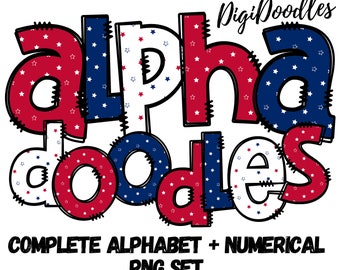 4th of July Patriotic Stars Alphabet Letters PNG Bundle, Digital Clipart, Sublimation Alpha Set, Easy to Use, Commercial Use, Number Doodles