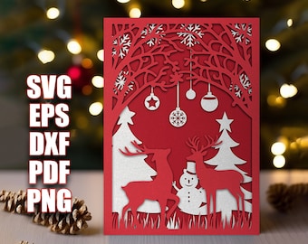 Carte de Noël svg pour cricut Joyeux Noël modèle de carte de Noël SVG PNG carte papier découpé bouleau SVG bricolage découpé carte de voeux carte de Noël