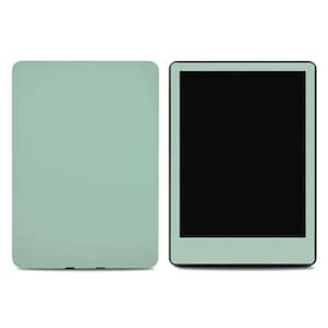 May include: A side-by-side comparison of a mint green e-reader case and the e-reader itself. The e-reader has a black screen and a mint green border.