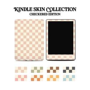 May include: A collection of Kindle skin designs featuring a checkered pattern in various colors. The designs include pink and white, green and white, brown and white, black and white, pink and cream, orange and cream, yellow and cream, and blue and cream.