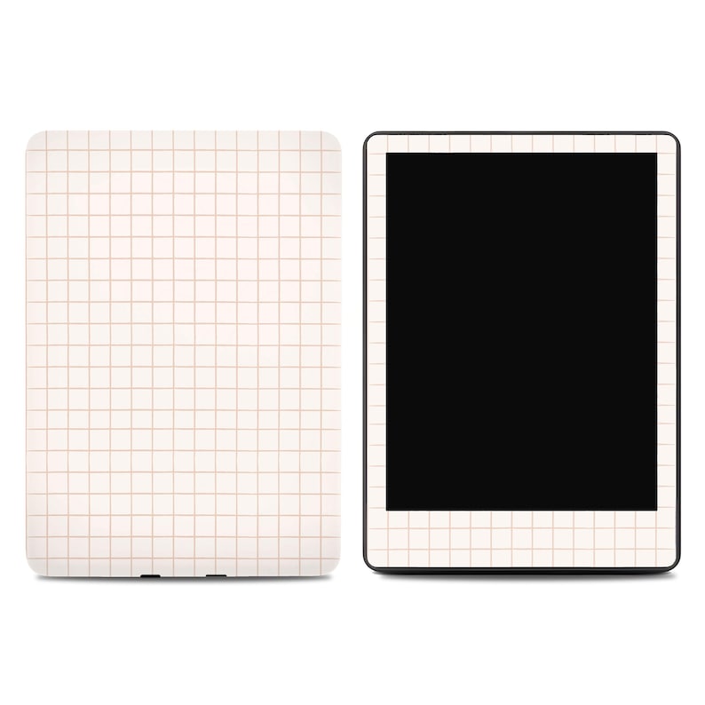 May include: A tablet and a matching case, both featuring a cream-colored grid pattern. The tablet has a black screen, and the case is a solid rectangle. The grid lines are a light brown color.