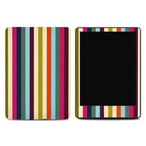 May include: A rectangular e-reader device featuring a vertical striped pattern in shades of olive green, dark blue, light blue, cream, orange, and magenta. The device is shown from both the front and back, with a black screen on the front side.