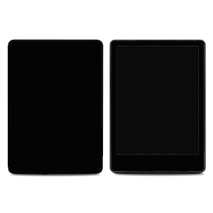 May include: A black e-reader and a black cover. The e-reader has a black screen and a black border. The cover is a solid black rectangle with rounded corners. The items are set against a white background.