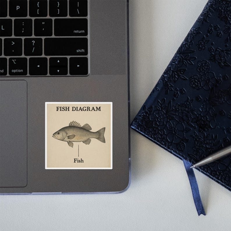 May include: A sticker with a vintage illustration of a fish and the text "FISH DIAGRAM" and "Fish" on a beige background.