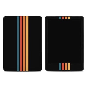 May include: Black e-reader case and e-reader with a retro stripe design. The case features vertical stripes in teal, orange, and yellow. The e-reader has a matching stripe design at the top and bottom.