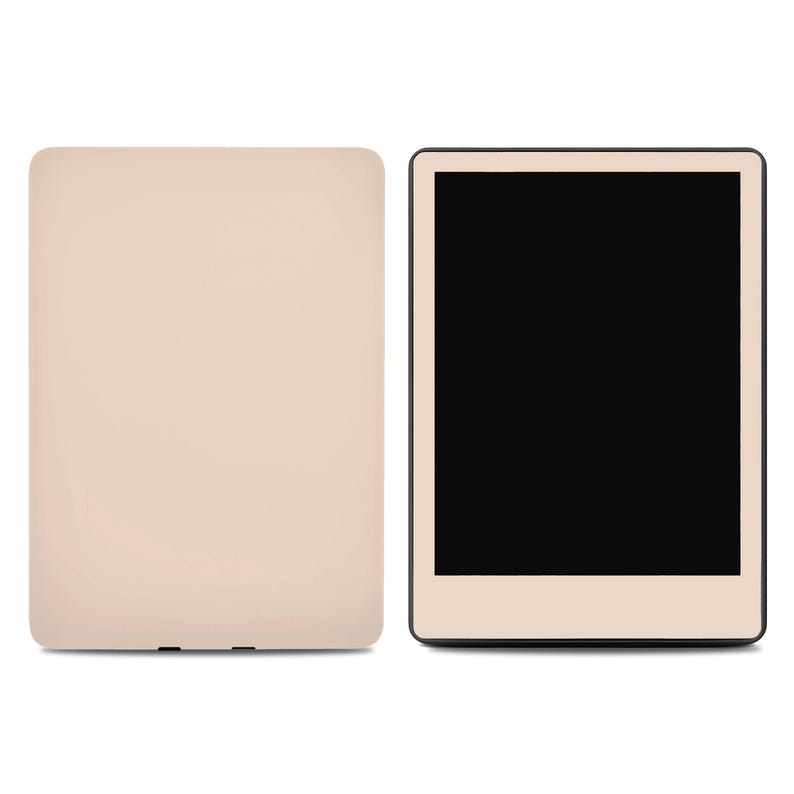 May include: Two e-readers, one with a beige cover and the other with a black screen and a beige frame.