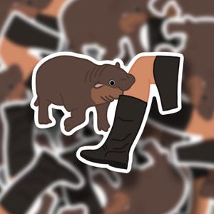 May include: A cartoon illustration of a hippopotamus in brown and black being stepped on by a cartoon leg wearing a black boot.