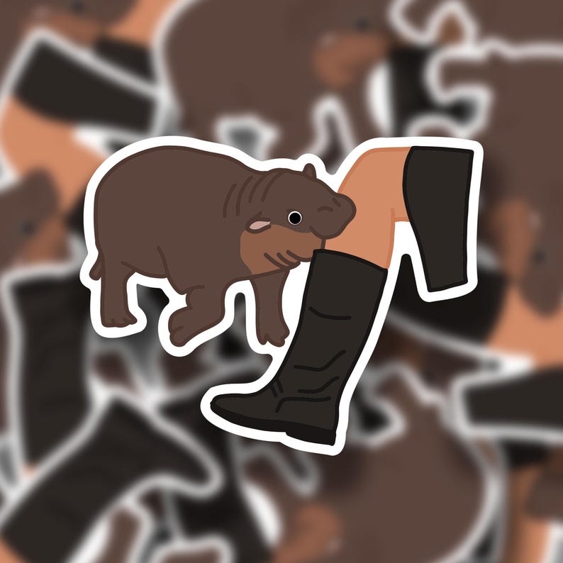 May include: A cartoon illustration of a hippopotamus in brown and black being stepped on by a cartoon leg wearing a black boot.