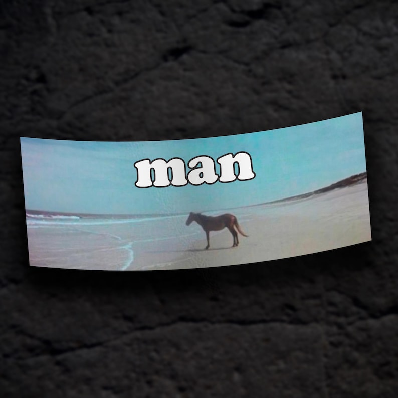 Puede incluir: Una pegatina con un cielo azul, arena blanca y un caballo marr&oacute;n caminando por la playa. La palabra "man" est&aacute; impresa en letras blancas en la pegatina.