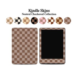 May include: Kindle Skins Neutral Checkered Collection. A brown and beige checkered pattern is shown on a Kindle e-reader.