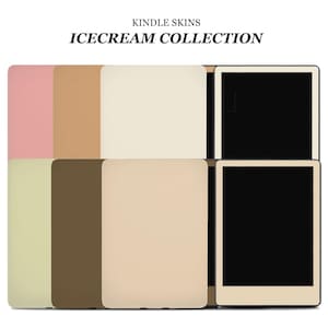 May include: A set of Kindle skins in various pastel colors, including pink, beige, light green, brown, and cream. The skins are designed to fit the Kindle e-reader and have a smooth, matte finish. The text "KINDLE SKINS" and "ICECREAM COLLECTION" is displayed at the top of the image.