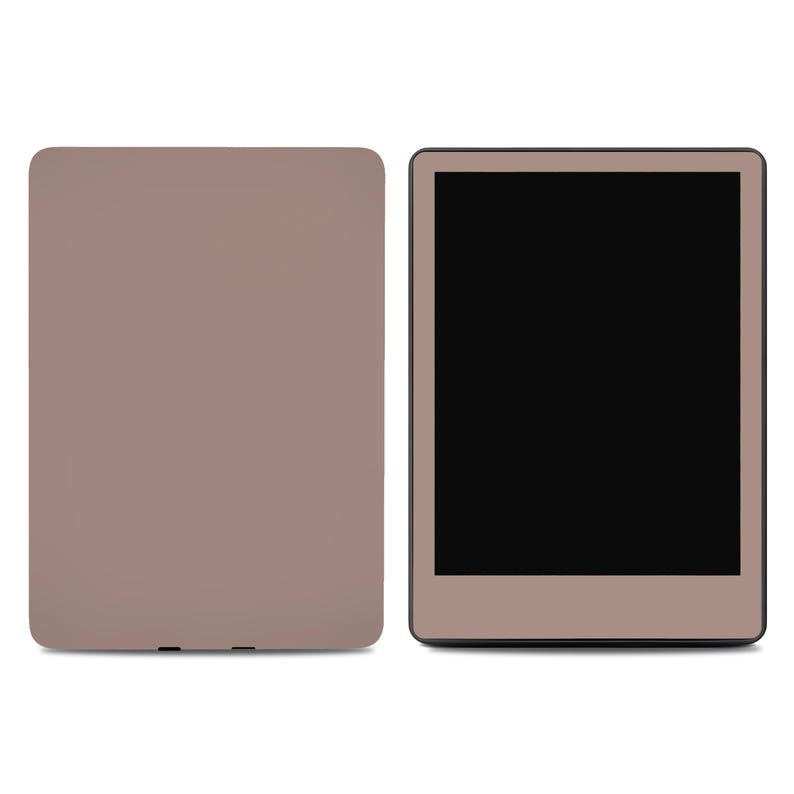 May include: A side-by-side comparison of two e-readers. The e-reader on the left is a brown case with a blank screen. The e-reader on the right is a black e-reader with a black screen.