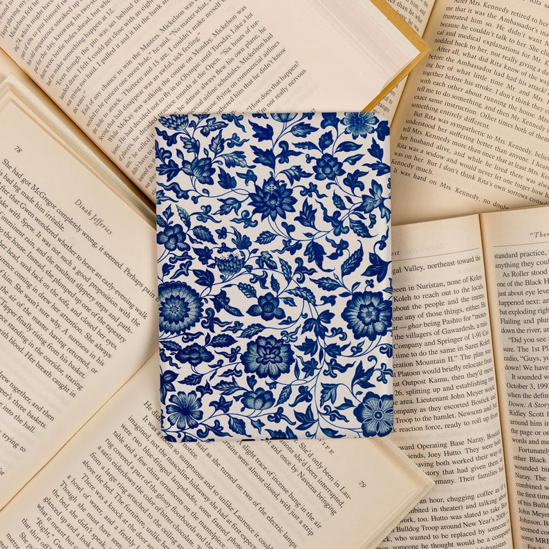 Pu&ograve; includere: Una carta rettangolare con un motivo floreale blu su sfondo bianco, appoggiata su un libro aperto. Il motivo floreale presenta fiori e foglie stilizzati.