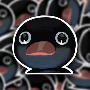 May include: A black and white cartoon penguin with a sad expression. The penguin has large, round eyes with red pupils and a small, red beak. The penguin is crying and has a tear rolling down its cheek.