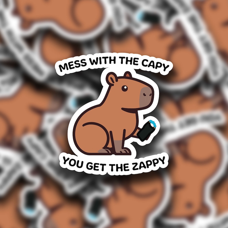 Mess With The Capy You Get The Zappy Sticker - Funny Capybara Sticker afbeelding 2
