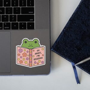May include: A sticker featuring a green frog reading a book with the text "GO AWAY, I'M READING." The book is pink and decorated with colorful flowers. The sticker is placed on a laptop.
