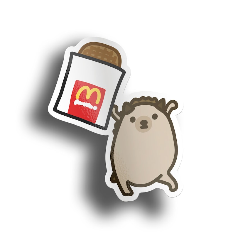 May include: A cartoon hedgehog holding a red and yellow McDonald's bag with a hamburger inside. The hedgehog is brown with a white belly and black eyes.