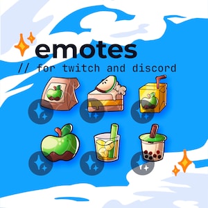 May include: A set of six colorful cartoon emotes for Twitch and Discord featuring a green apple, a slice of apple pie, a green apple in a brown paper bag, a glass of green apple juice, a green apple boba tea, and a green apple with a bite taken out of it.