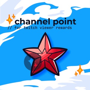 以下が含まれることがあります： 白の輪郭とキラキラ効果のある赤い星。星の真上に「channel point // for twitch viewer rewards」というテキストがあります。