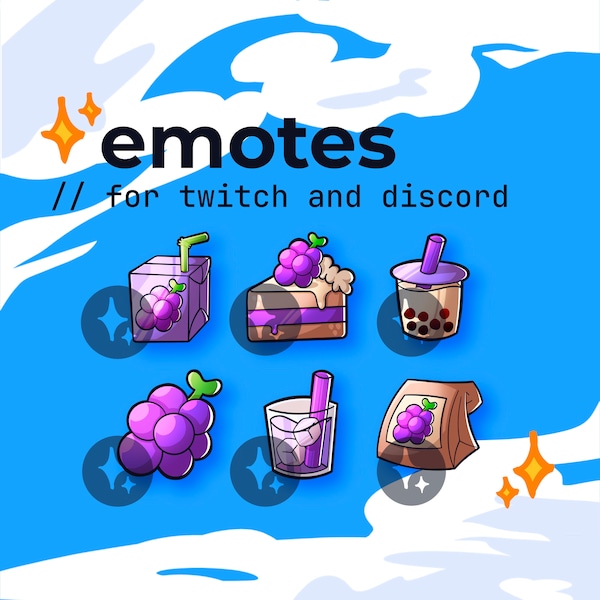 GRAPE // Twitch Assets Boba Bubble Milk Tea Cute Cake Juice Food Pastel Fruit Base Pack Emotes Sub Bit Badges Channel Points Discord