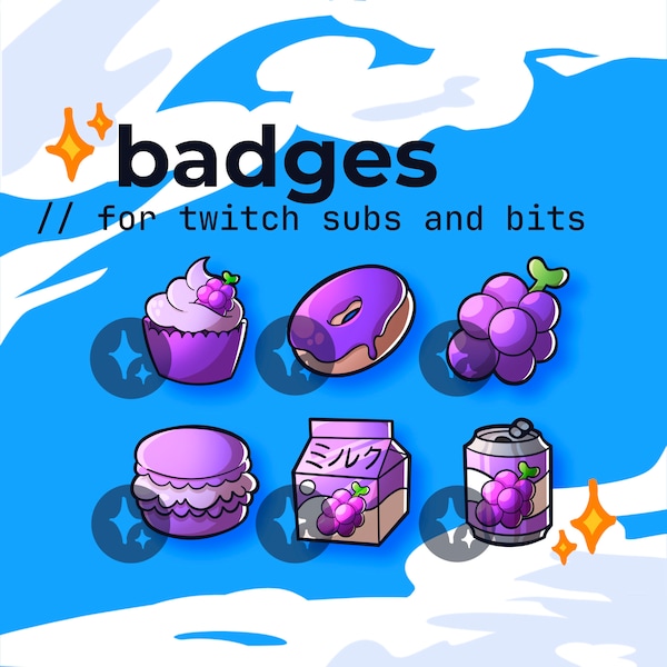 purple grape twitch sub badges, fruit bit badges cute, cafe emotes, kawaii twitch base pack, channel points, cozy coffee cafe